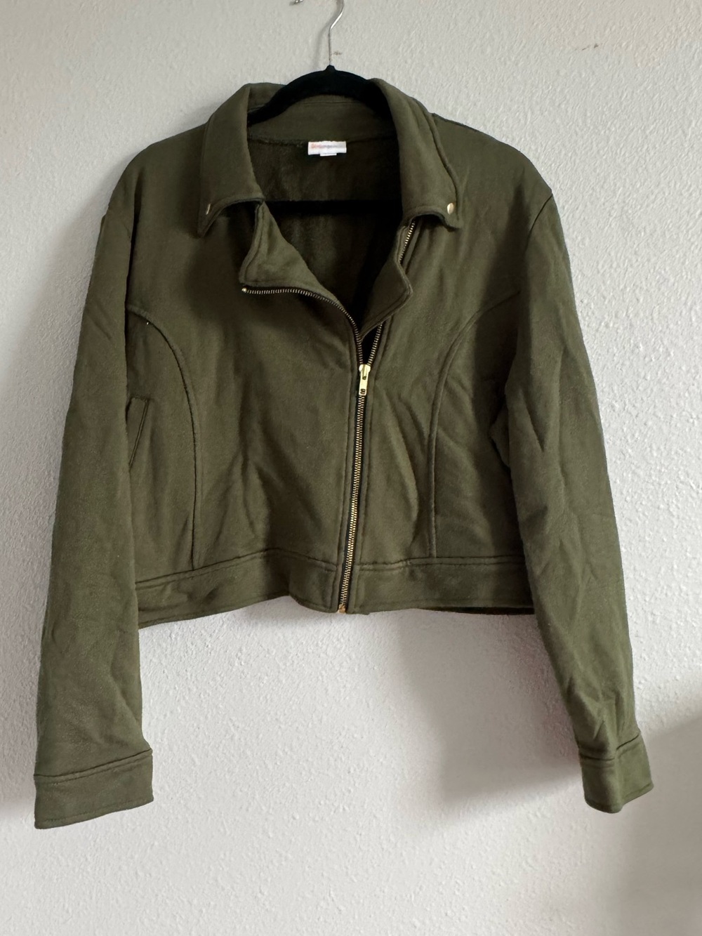 XL Moto Jacket in a solid army green, LuLaRoe Presley, full zip up